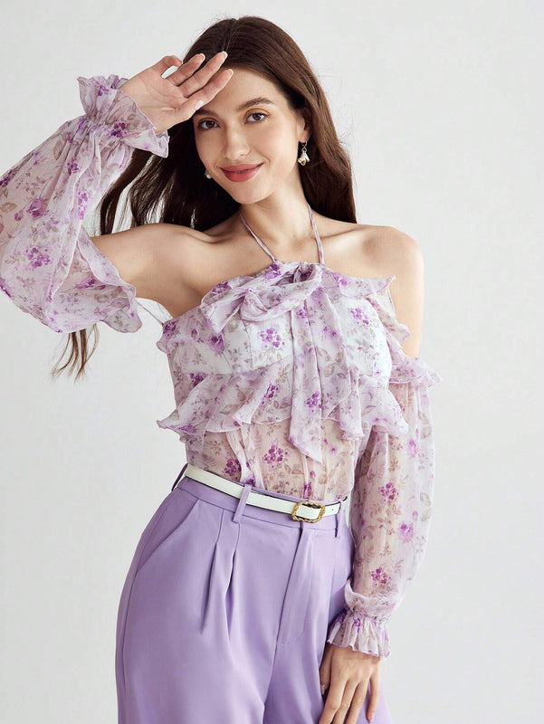 Enchnt Blusa con estampado floral, ribete de volantes, cuello halter y mangas de linterna