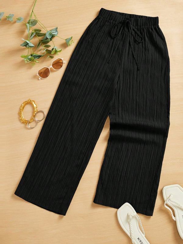 Essnce pantalones casuales de pernera ancha de 7/8 con textura y cintura anudada de unicolor para mujer