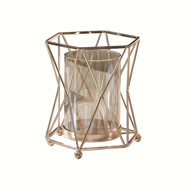 1 pieza de Jarrón Metálico Dorado y Plástico Transparente ZZBZZ - Decoración Elegante Moderna para Sala de Estar, Centro de Mesa de Comedor, Portavelas, Sin Batería, Ambientador Romántico | Diseño Lujoso | Acabado Electrolítico