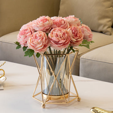 1 pieza de Jarrón Metálico Dorado y Plástico Transparente ZZBZZ - Decoración Elegante Moderna para Sala de Estar, Centro de Mesa de Comedor, Portavelas, Sin Batería, Ambientador Romántico | Diseño Lujoso | Acabado Electrolítico