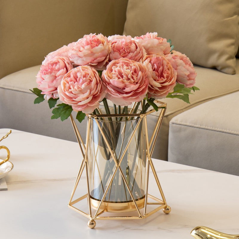 1 pieza de Jarrón Metálico Dorado y Plástico Transparente ZZBZZ - Decoración Elegante Moderna para Sala de Estar, Centro de Mesa de Comedor, Portavelas, Sin Batería, Ambientador Romántico | Diseño Lujoso | Acabado Electrolítico