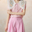 Camisa de manga corta para mujer de flores bordadas suelta y de ajuste holgado para todas las ocasiones que reduce la edad
