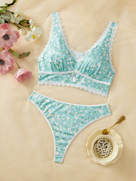 FloralLove Conjunto de bra y Tangas inalambricos para mujer con diseno impreso (inalambrico, tanga), 2 piezas