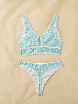 FloralLove Conjunto de bra y Tangas inalambricos para mujer con diseno impreso (inalambrico, tanga), 2 piezas