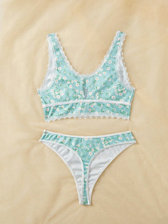 FloralLove Conjunto de bra y Tangas inalambricos para mujer con diseno impreso (inalambrico, tanga), 2 piezas