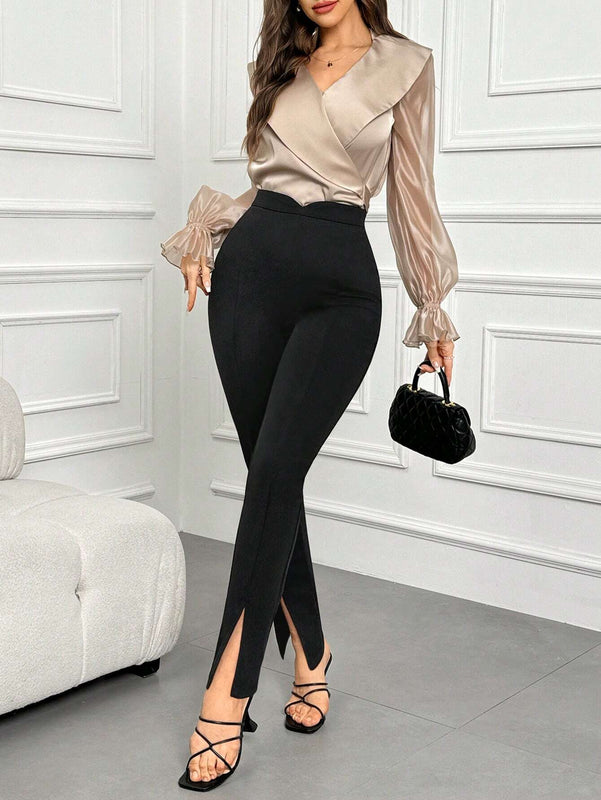 Modely Pantalones de moda elegantes, ajustados, con cintura alta y dobladillo dividido