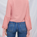 Camisa de manga de farol para mujer con dobladillo de volantes y cinturon de lazo