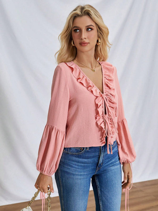 Camisa de manga de farol para mujer con dobladillo de volantes y cinturon de lazo