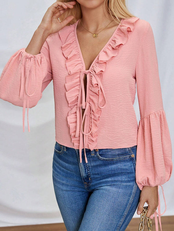 Camisa de manga de farol para mujer con dobladillo de volantes y cinturon de lazo
