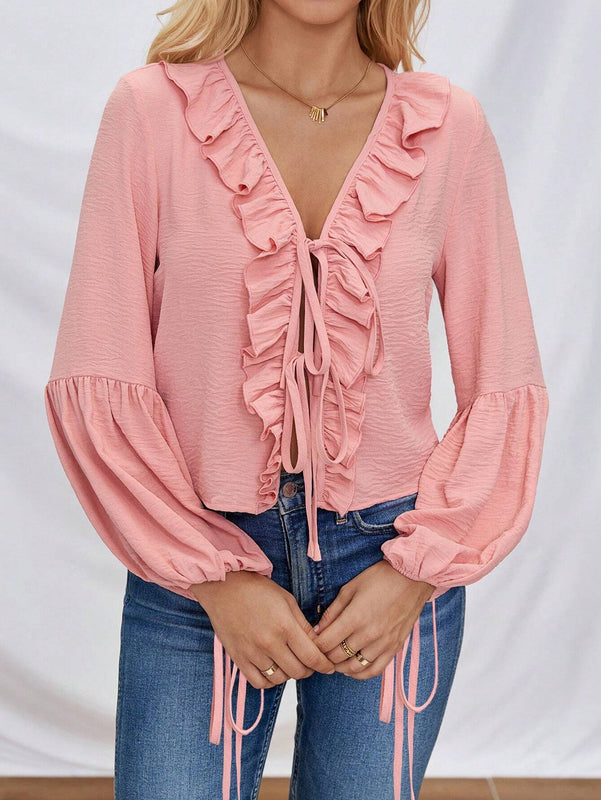 Camisa de manga de farol para mujer con dobladillo de volantes y cinturon de lazo