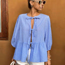 21 Camisa de punto azul claro a cuadros con mangas abullonadas y cordones, cardigan de mujer, camisa de manga abullonada, blusa de mujer con cinturon de lazo