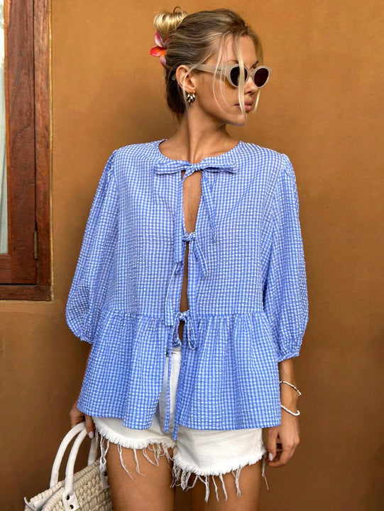 21 Camisa de punto azul claro a cuadros con mangas abullonadas y cordones, cardigan de mujer, camisa de manga abullonada, blusa de mujer con cinturon de lazo