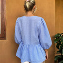 21 Camisa de punto azul claro a cuadros con mangas abullonadas y cordones, cardigan de mujer, camisa de manga abullonada, blusa de mujer con cinturon de lazo