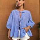 21 Camisa de punto azul claro a cuadros con mangas abullonadas y cordones, cardigan de mujer, camisa de manga abullonada, blusa de mujer con cinturon de lazo