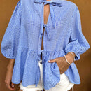 21 Camisa de punto azul claro a cuadros con mangas abullonadas y cordones, cardigan de mujer, camisa de manga abullonada, blusa de mujer con cinturon de lazo