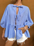 21 Camisa de punto azul claro a cuadros con mangas abullonadas y cordones, cardigan de mujer, camisa de manga abullonada, blusa de mujer con cinturon de lazo
