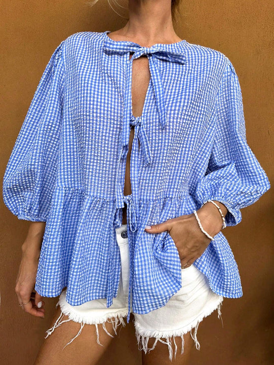 21 Camisa de punto azul claro a cuadros con mangas abullonadas y cordones, cardigan de mujer, camisa de manga abullonada, blusa de mujer con cinturon de lazo