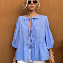 21 Camisa de punto azul claro a cuadros con mangas abullonadas y cordones, cardigan de mujer, camisa de manga abullonada, blusa de mujer con cinturon de lazo