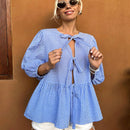 21 Camisa de punto azul claro a cuadros con mangas abullonadas y cordones, cardigan de mujer, camisa de manga abullonada, blusa de mujer con cinturon de lazo