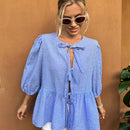 21 Camisa de punto azul claro a cuadros con mangas abullonadas y cordones, cardigan de mujer, camisa de manga abullonada, blusa de mujer con cinturon de lazo