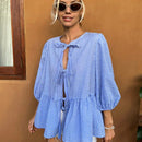 21 Camisa de punto azul claro a cuadros con mangas abullonadas y cordones, cardigan de mujer, camisa de manga abullonada, blusa de mujer con cinturon de lazo