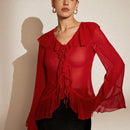 Blusa de gasa transparente de moda para primavera/verano con ribete de volante en las mangas acampanadas