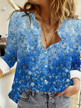 Nueva camisa de manga larga, estilo europeo y americano, con cuello vuelto y diseno impreso para mujer, casual, suelta, amigable con la piel. Ideal para primavera y otono.
