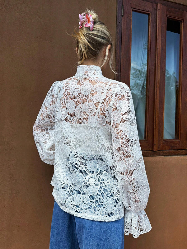 Camisa de encaje para mujer con mangas de lampara y correa de mono para vacaciones