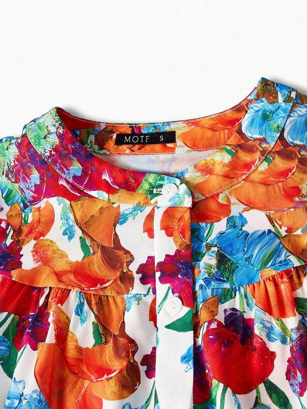 MOTF X MARIA-VICTORIA CHECA BLUSA CON CIERRE DE UN SOLO BOTON CON MANGA LANTERNA CON ESTAMPADO FLORAL