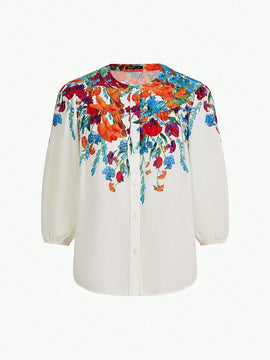 MOTF X MARIA-VICTORIA CHECA BLUSA CON CIERRE DE UN SOLO BOTON CON MANGA LANTERNA CON ESTAMPADO FLORAL