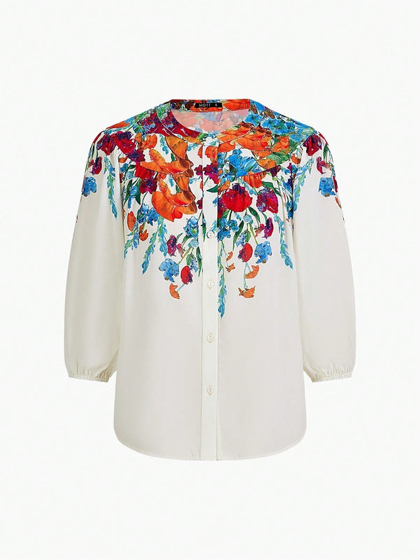 MOTF X MARIA-VICTORIA CHECA BLUSA CON CIERRE DE UN SOLO BOTON CON MANGA LANTERNA CON ESTAMPADO FLORAL