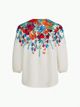 MOTF X MARIA-VICTORIA CHECA BLUSA CON CIERRE DE UN SOLO BOTON CON MANGA LANTERNA CON ESTAMPADO FLORAL