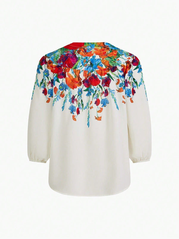 MOTF X MARIA-VICTORIA CHECA BLUSA CON CIERRE DE UN SOLO BOTON CON MANGA LANTERNA CON ESTAMPADO FLORAL