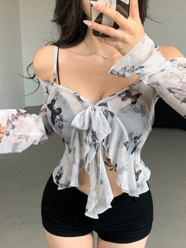 DAZY Camisa de manga larga para mujer con hombros descubiertos