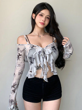 DAZY Camisa de manga larga para mujer con hombros descubiertos