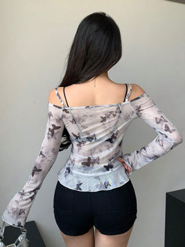 DAZY Camisa de manga larga para mujer con hombros descubiertos
