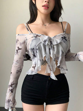 DAZY Camisa de manga larga para mujer con hombros descubiertos