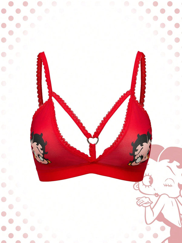 Betty boop | romwe 1 pieza sujetador acolchado inalambrico con decoracion de personaje de dibujos animados y estampado de labios con forma de corazon