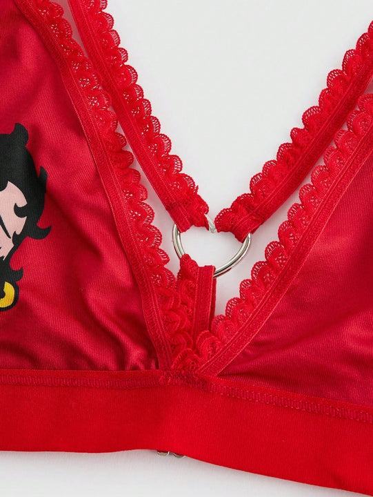 Betty boop | romwe 1 pieza sujetador acolchado inalambrico con decoracion de personaje de dibujos animados y estampado de labios con forma de corazon