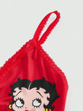 Betty boop | romwe 1 pieza sujetador acolchado inalambrico con decoracion de personaje de dibujos animados y estampado de labios con forma de corazon