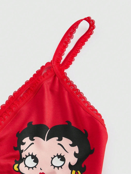 Betty boop | romwe 1 pieza sujetador acolchado inalambrico con decoracion de personaje de dibujos animados y estampado de labios con forma de corazon