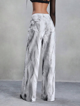 Jeans de mezclilla de pierna ancha para mujer de talle alto y ajuste holgado con bolsillos, en blanco y negro