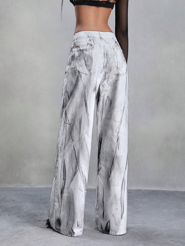 Jeans de mezclilla de pierna ancha para mujer de talle alto y ajuste holgado con bolsillos, en blanco y negro