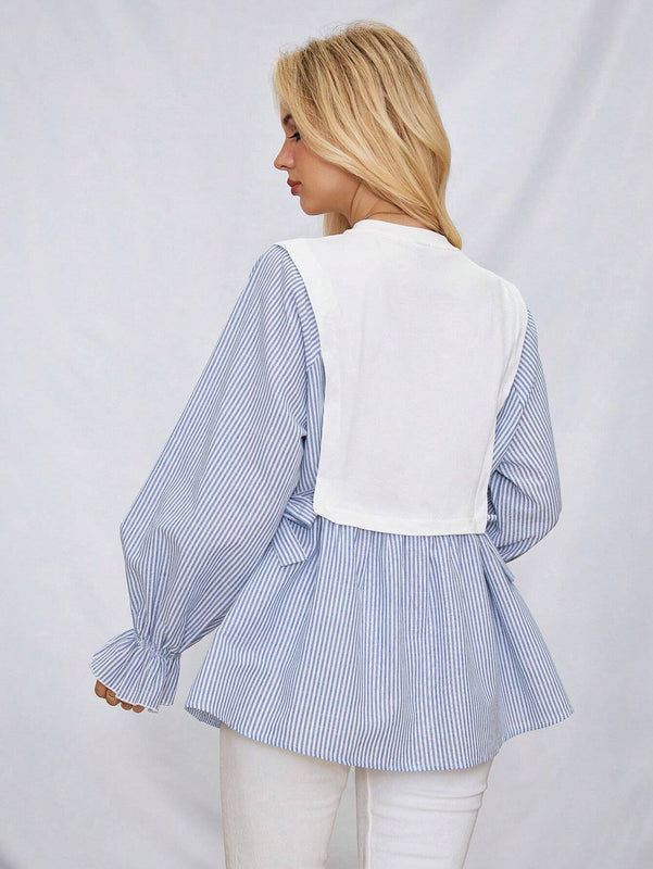 Camisa informal de rayas azules y blancas de mujer para otono/invierno con lazo en la cintura lateral y punos elasticos