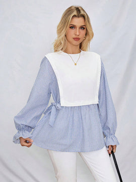 Camisa informal de rayas azules y blancas de mujer para otono/invierno con lazo en la cintura lateral y punos elasticos
