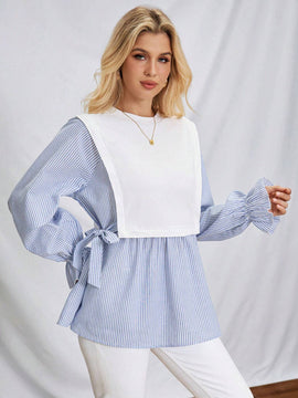 Camisa informal de rayas azules y blancas de mujer para otono/invierno con lazo en la cintura lateral y punos elasticos