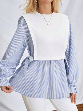 Camisa informal de rayas azules y blancas de mujer para otono/invierno con lazo en la cintura lateral y punos elasticos