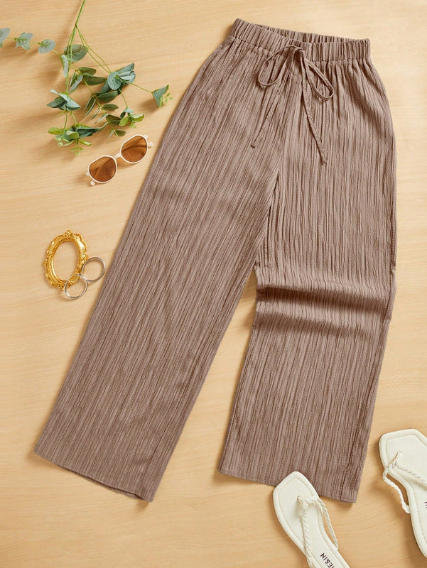 Essnce pantalones casuales de pernera ancha de 7/8 con textura y cintura anudada de unicolor para mujer