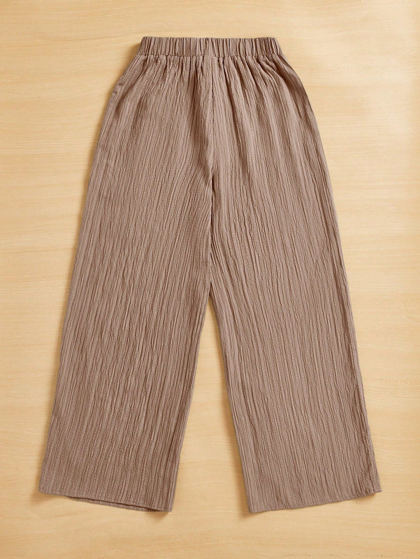 Essnce pantalones casuales de pernera ancha de 7/8 con textura y cintura anudada de unicolor para mujer