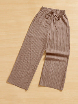 Essnce pantalones casuales de pernera ancha de 7/8 con textura y cintura anudada de unicolor para mujer